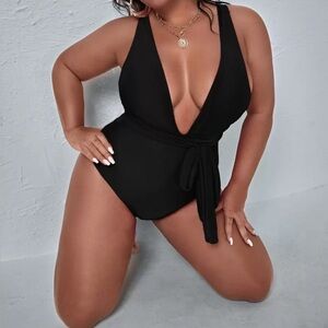 Plus size Tie Waist Plunging One Piece Swimsuit